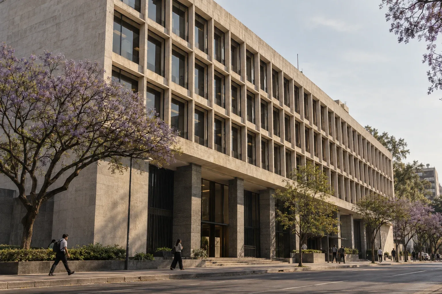Fachada de un edificio de gobierno en la Ciudad de México a media tarde