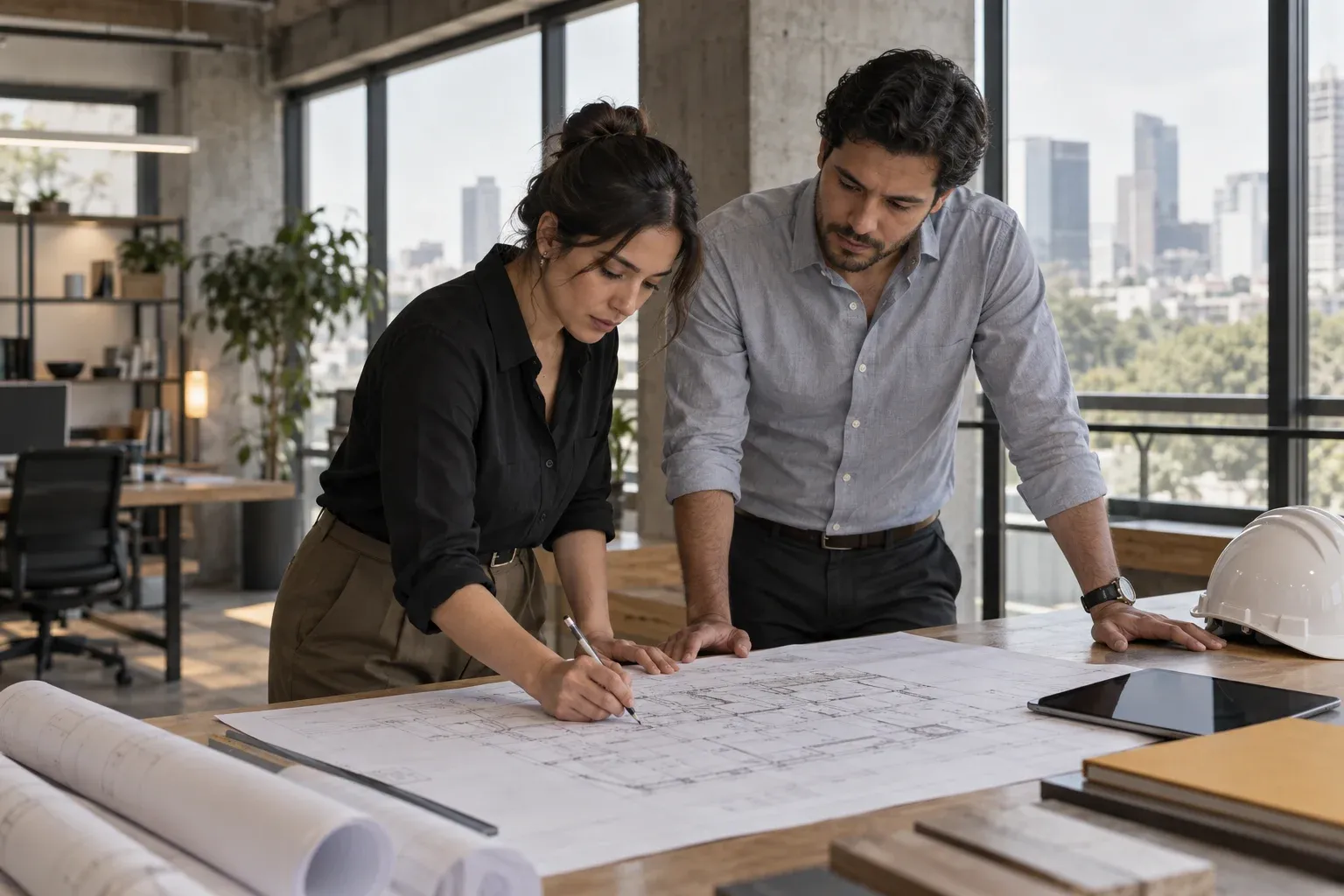 Ingenieros revisando un plano técnico de un proyecto de servicios