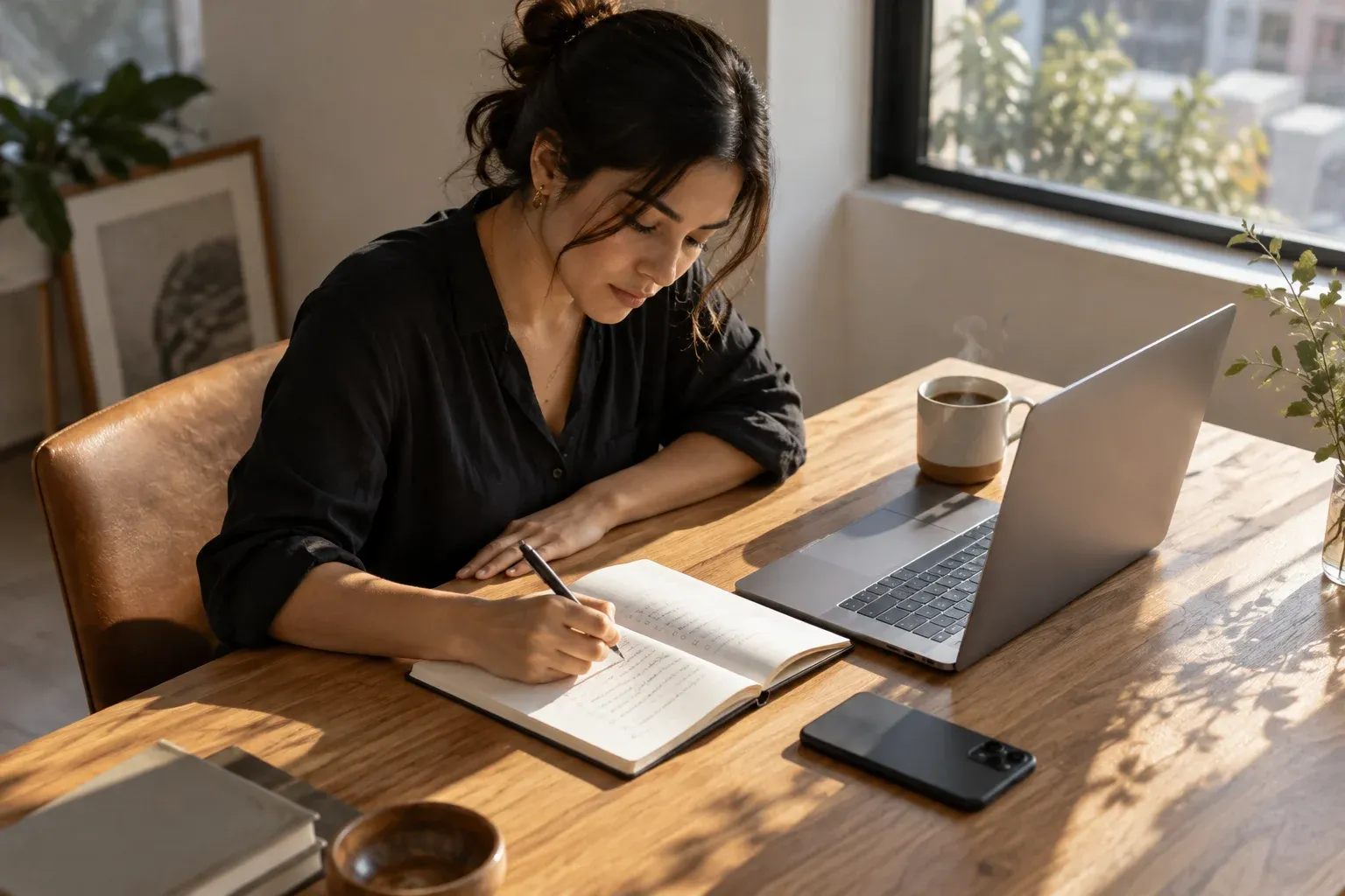 Escritorio por la mañana con una laptop abierta y una taza de café junto a una libreta